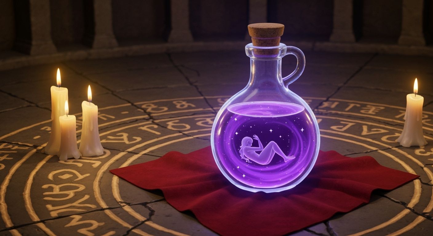 Glowing Potion Bottle with Sleeping Figure in Arcane Chamber