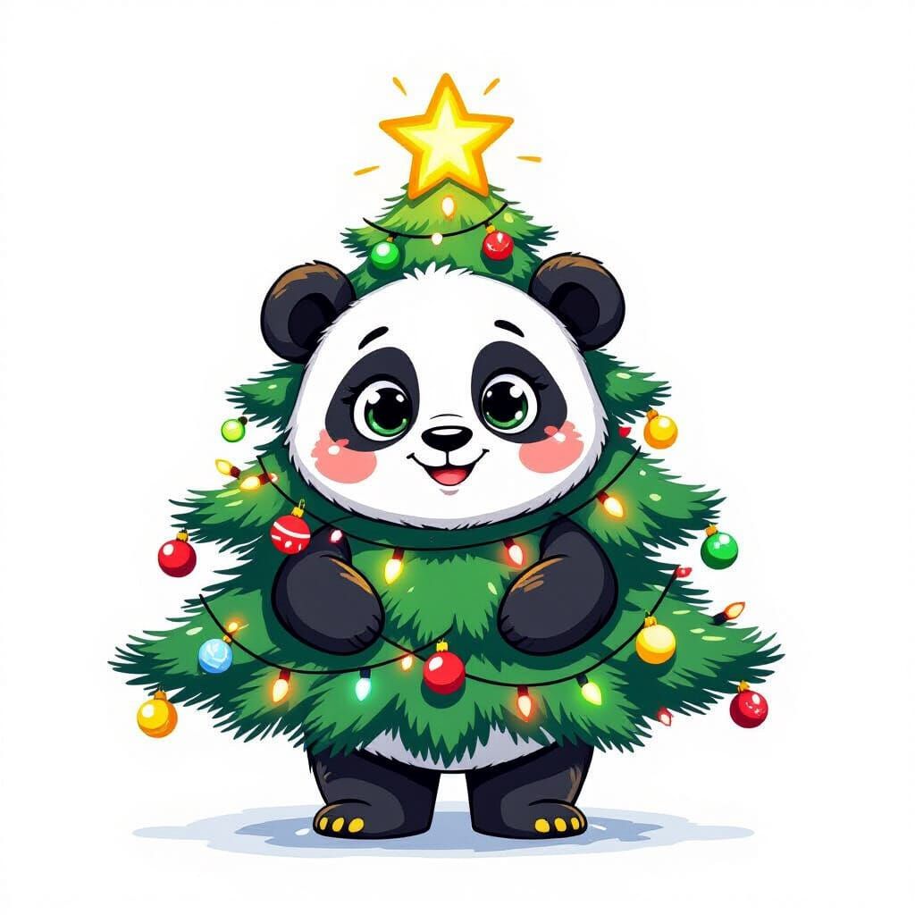 Festive Panda Christmas Tree Cartoon Illustration