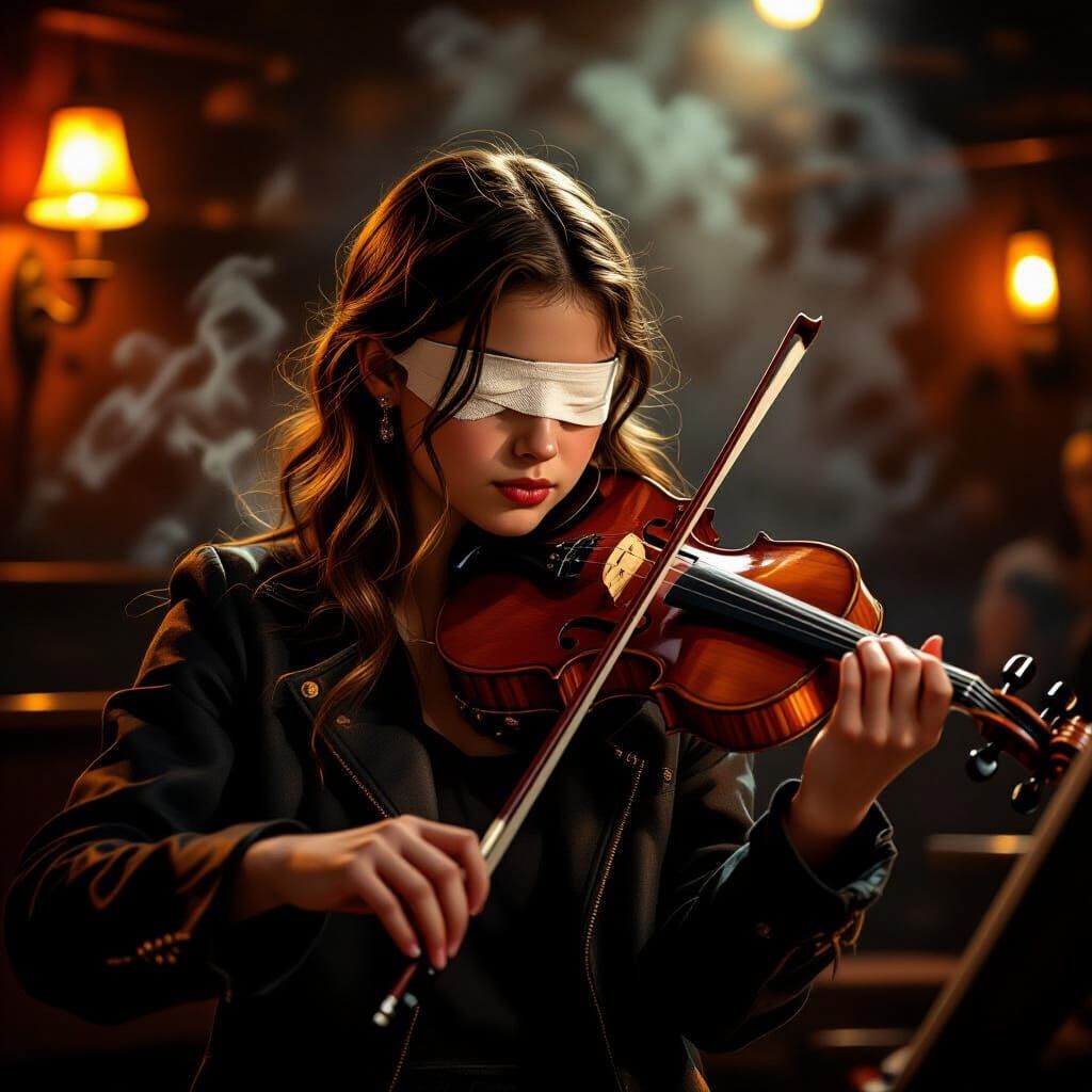 Teen Violinist Plays in Smoky Bar as Chiaroscuro Painting
