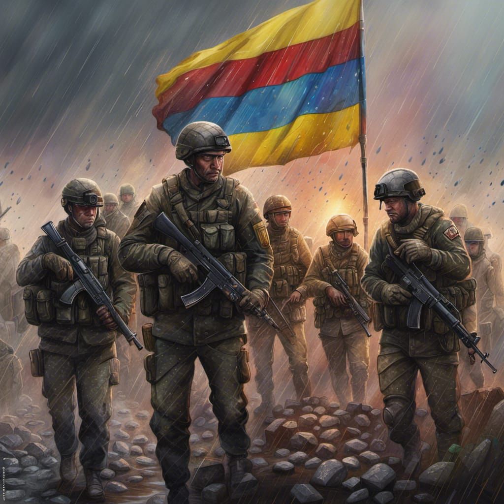 Ukrainian Soldiers in War Zone: Hyperrealistic Splash Art