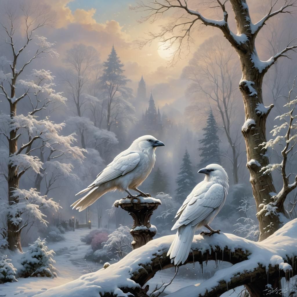 Ethereal White Raven in Snowy Landscape