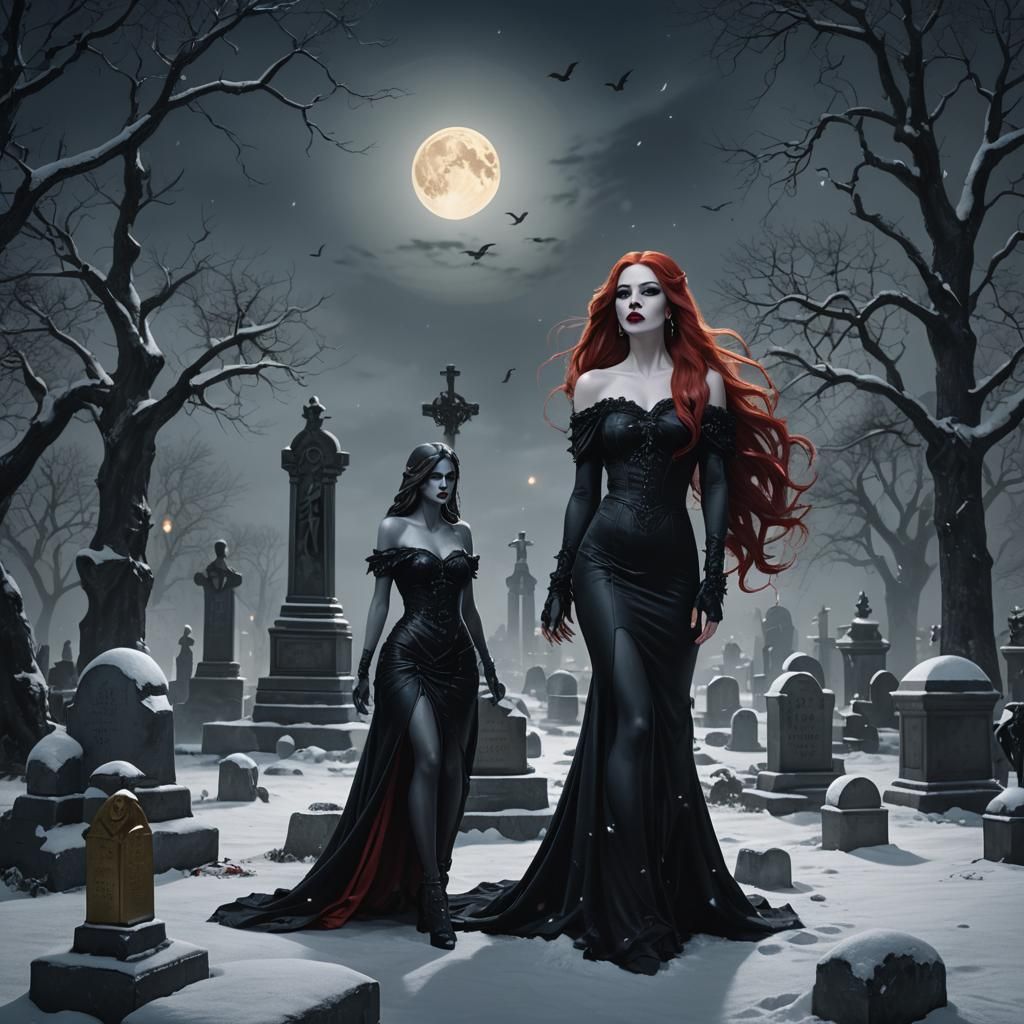 Dark Fantasy Goddess in Snowy Graveyard