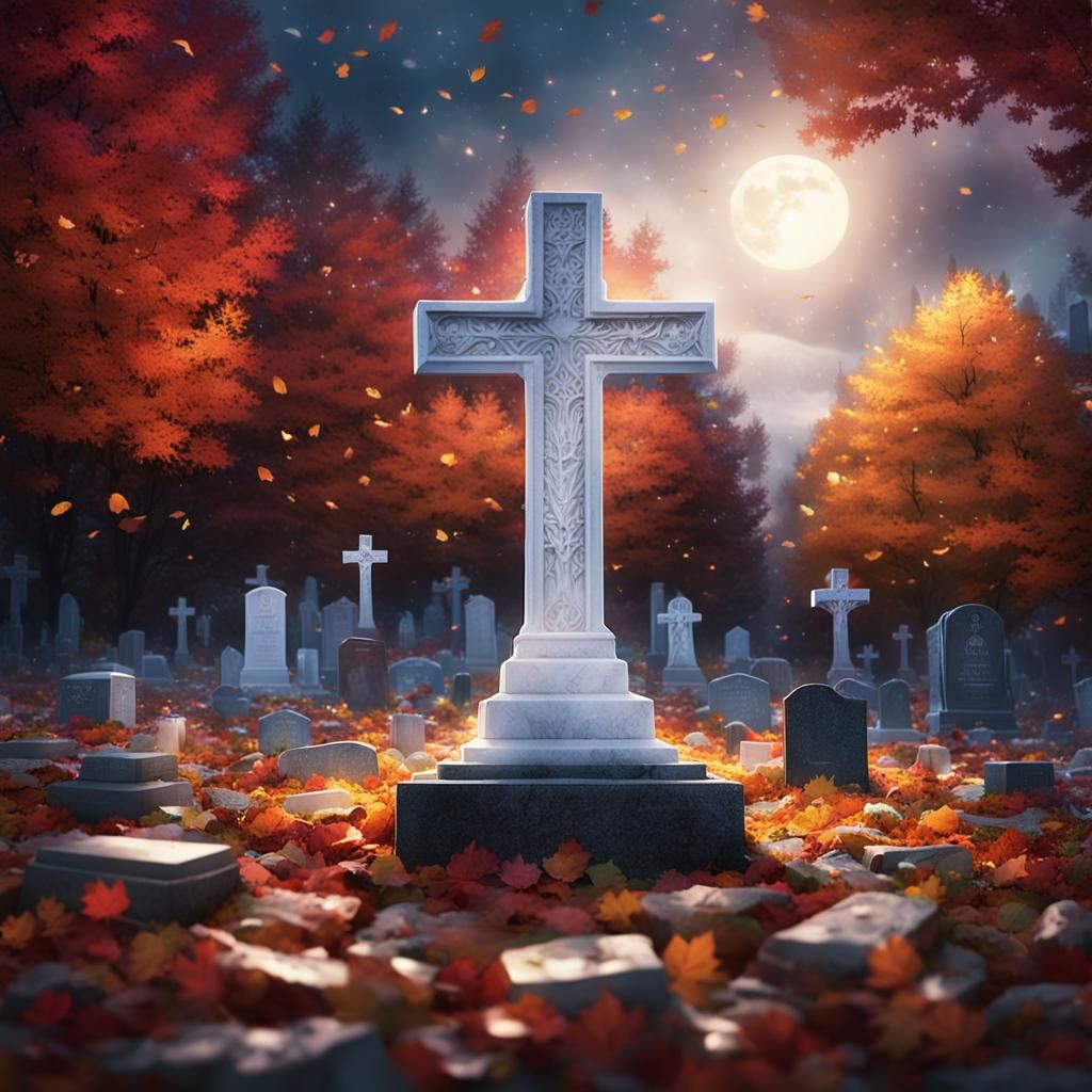Fall Cemetery Grave with Cross in Matte Painting Style