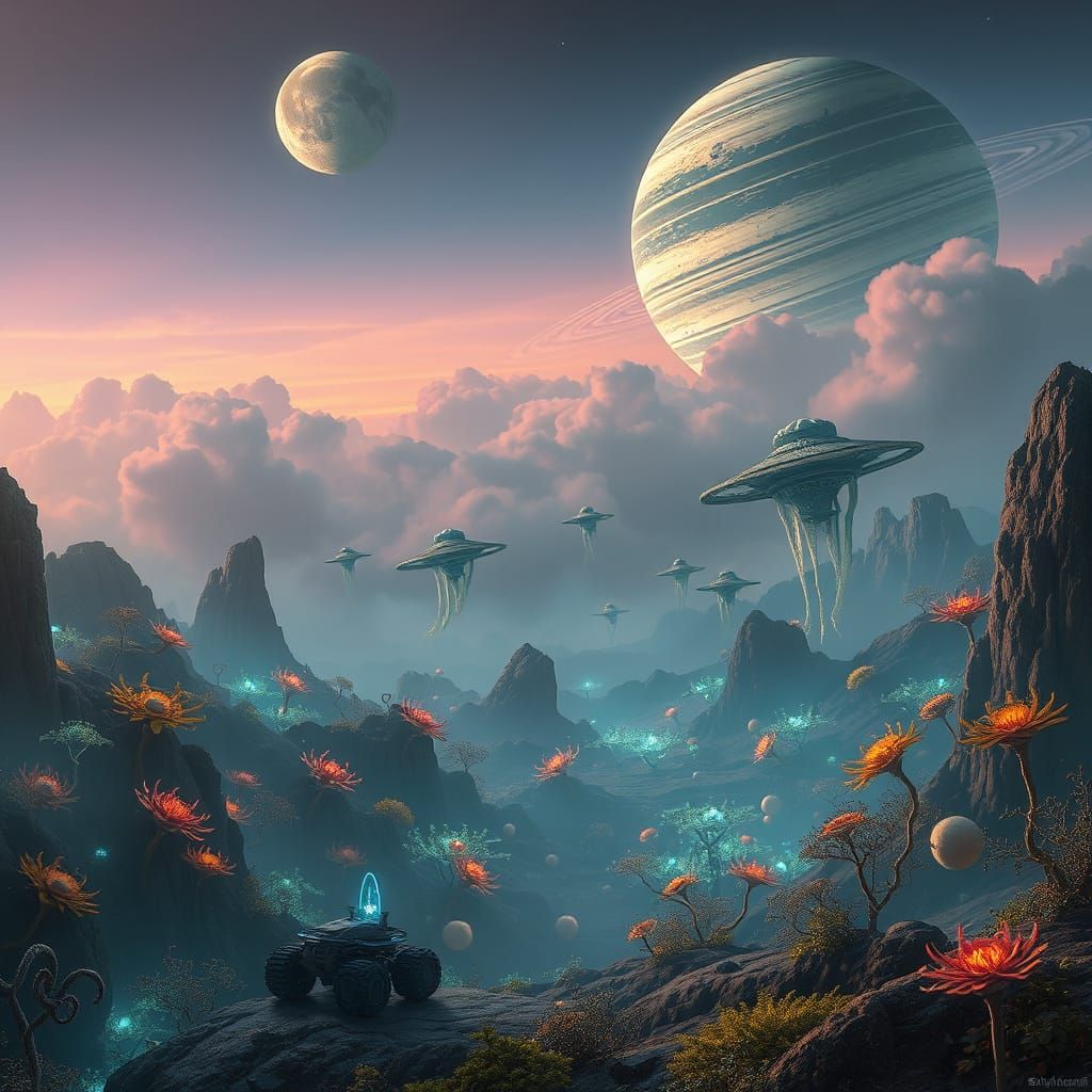 Bioluminescent Alien World with Ringed Gas Giant