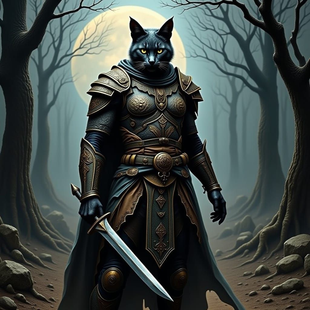Armored Cat Warrior in Moonlit Forest
