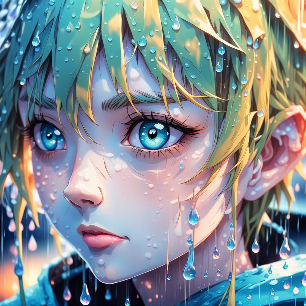 Crying Blue Eyes: Cinematic Anime Portrait in Rain