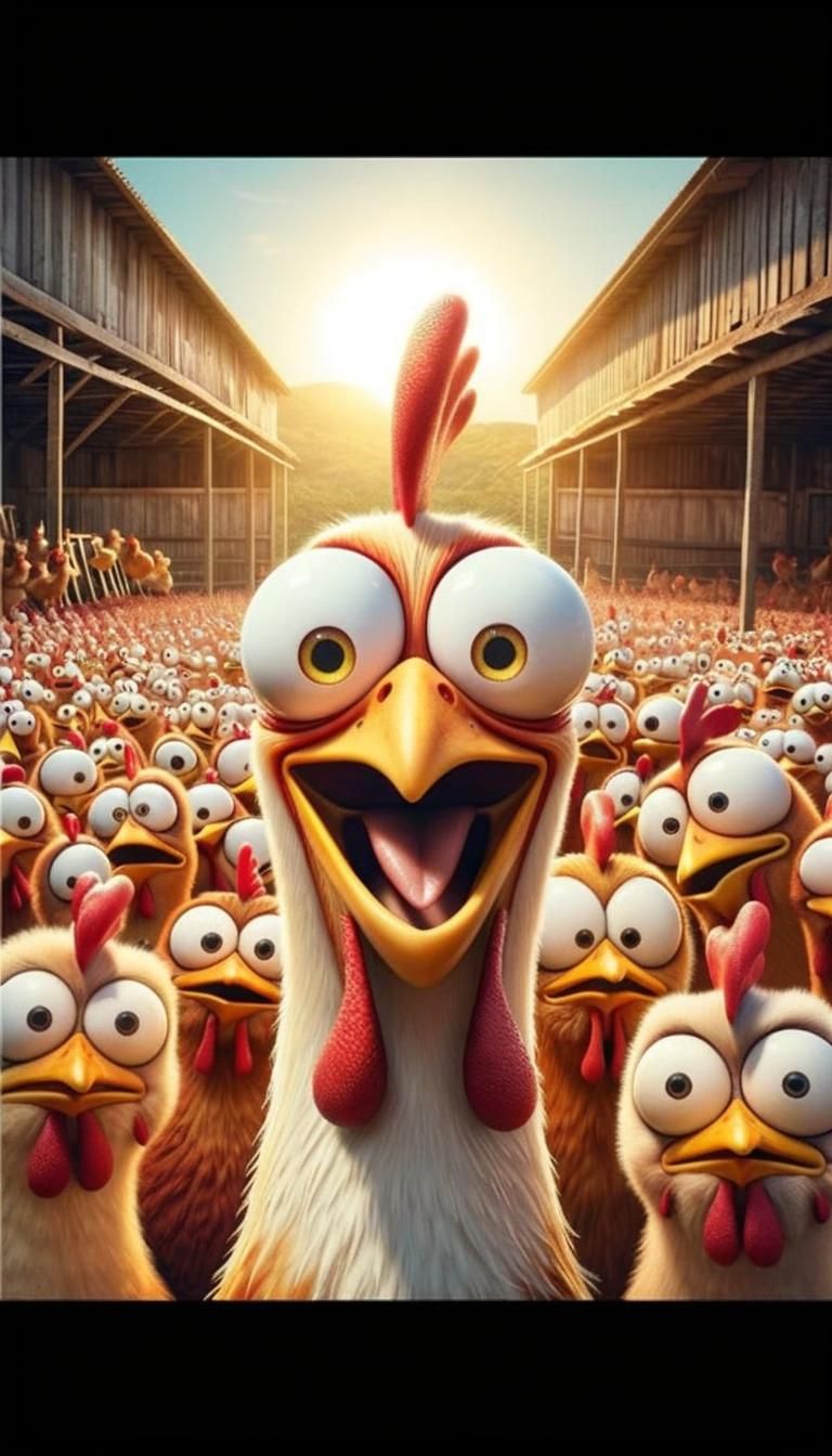 Humorous Chickens with Cartoonish Expressions in Farm Settin...
