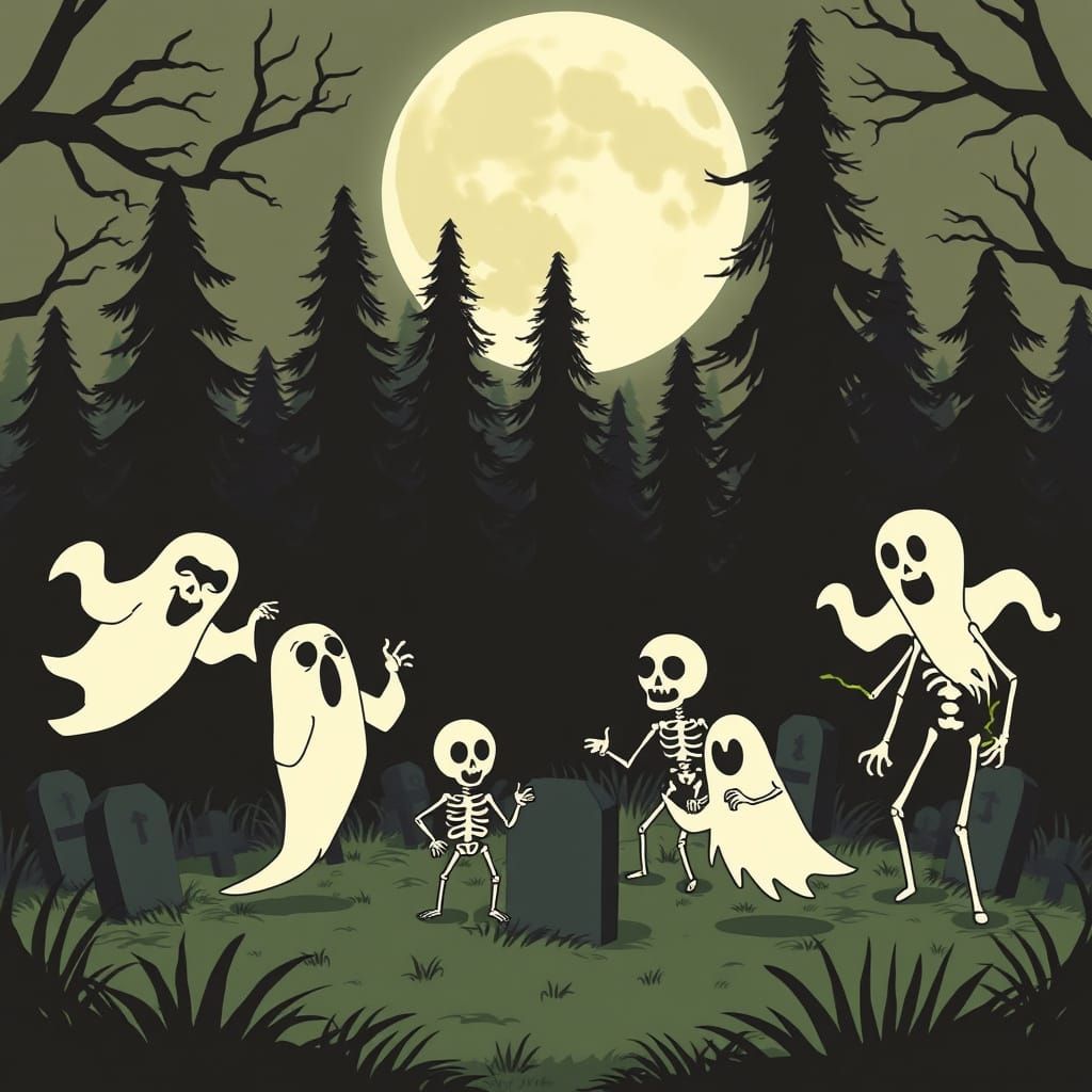 1920s Silhouette Cartoon of Ghostly Figures in Moonlit Fores...