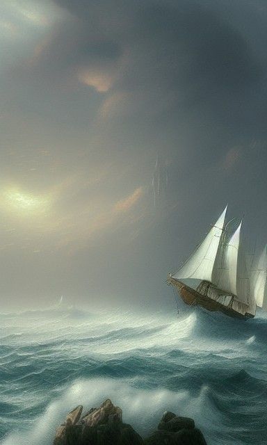 Sailship Navigating Stormy Seas to Distant Lighthouse