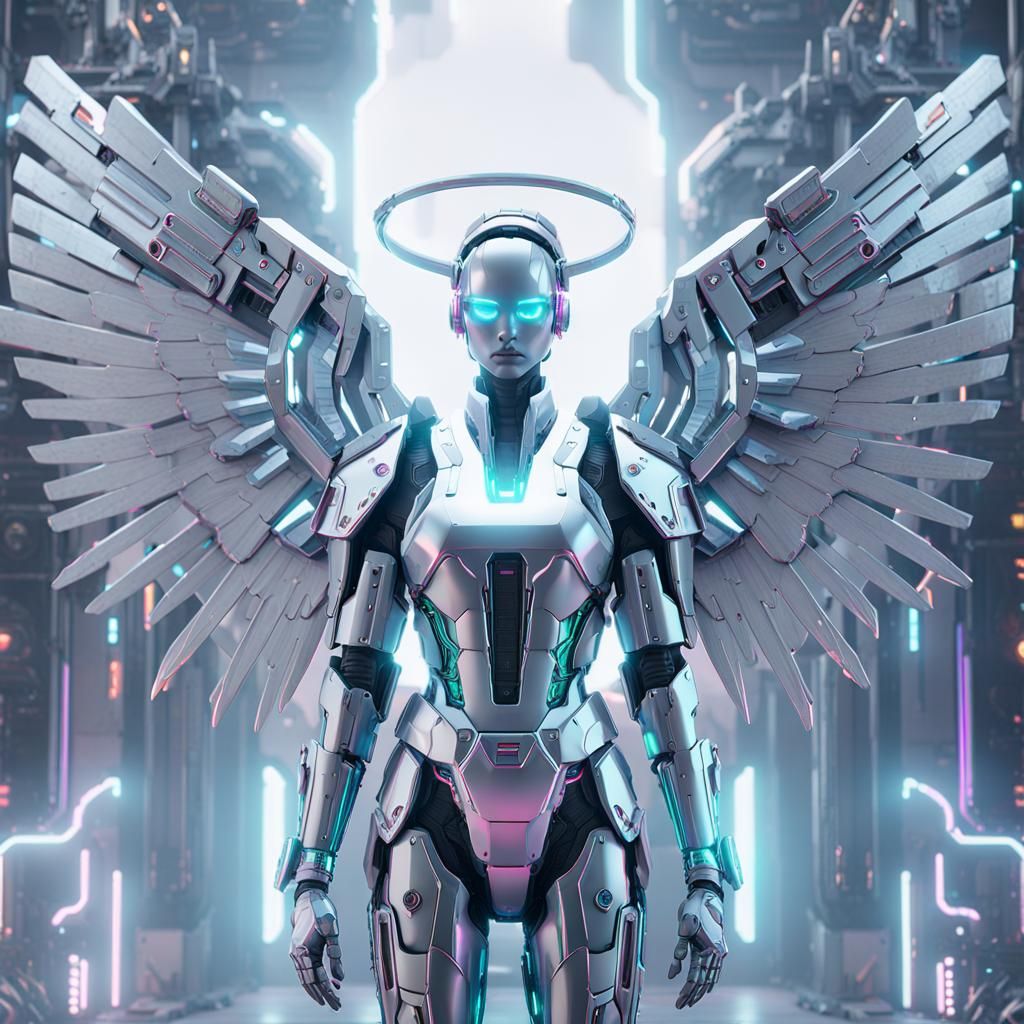 Rainbow Neon Vaporware Angel intricate mech details, ground ...