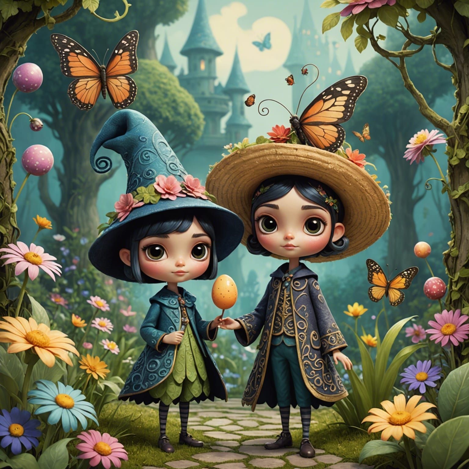 Enchanted Garden Illustration with Stylized Characters