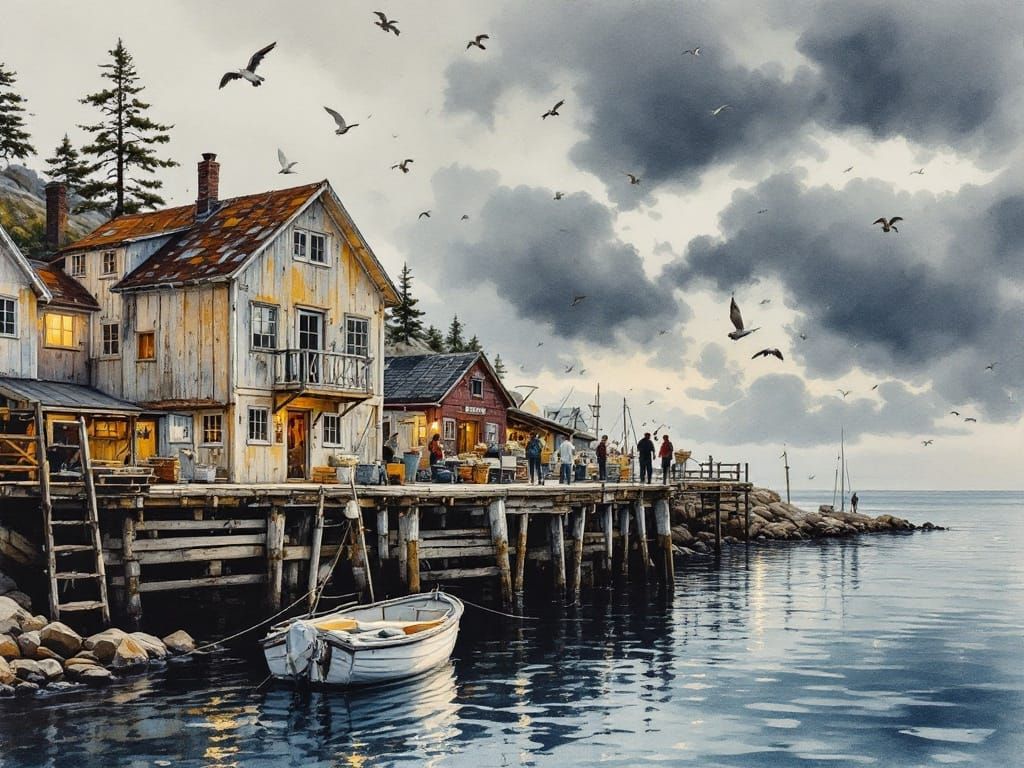 Coastal Village Dockside Scene in Watercolor Style