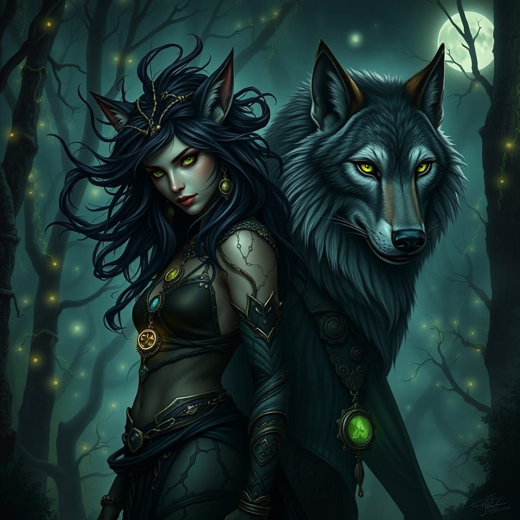 Mystical Beast-Woman and Mate in Bioluminescent Forest