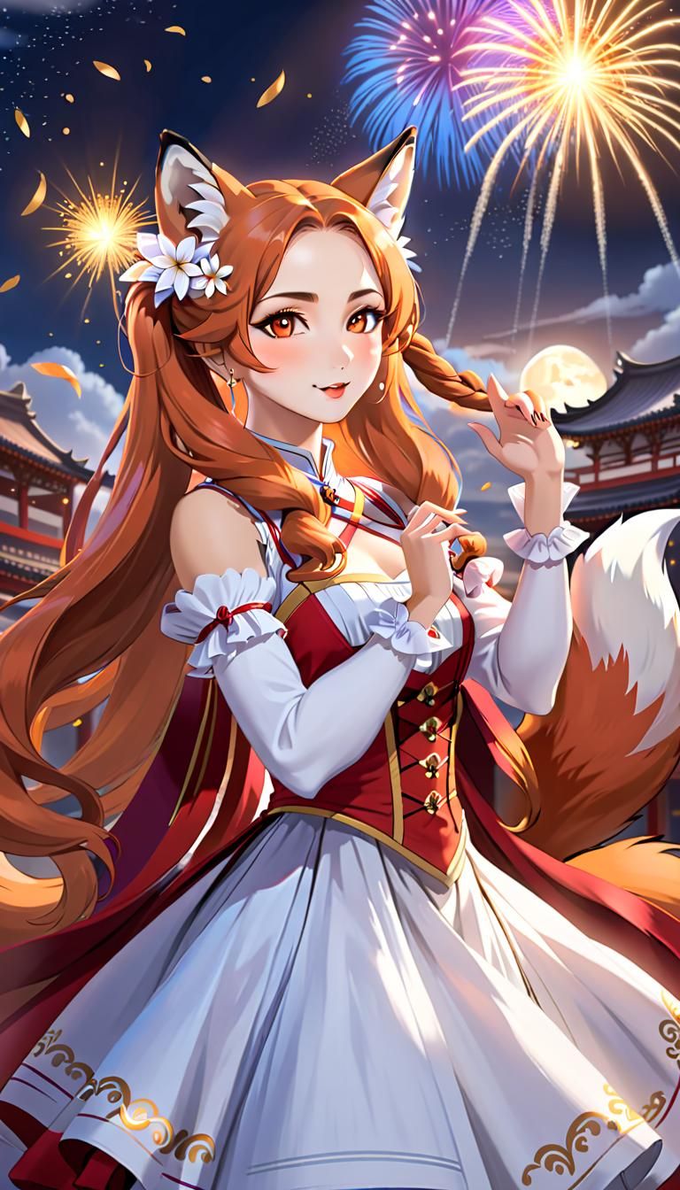 Anime Fox Girl in Kimono with Twin Ponytails