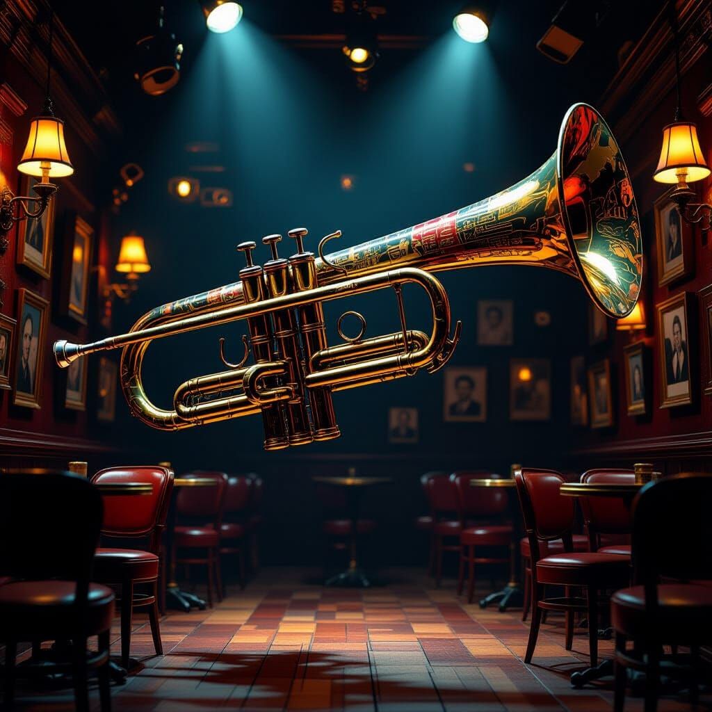 Surreal Trumpet Made of Portraits in Moody Bar