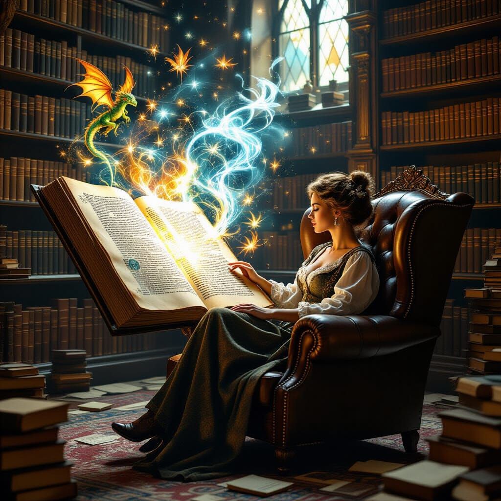 Enchanted Woman Reading Magical Book