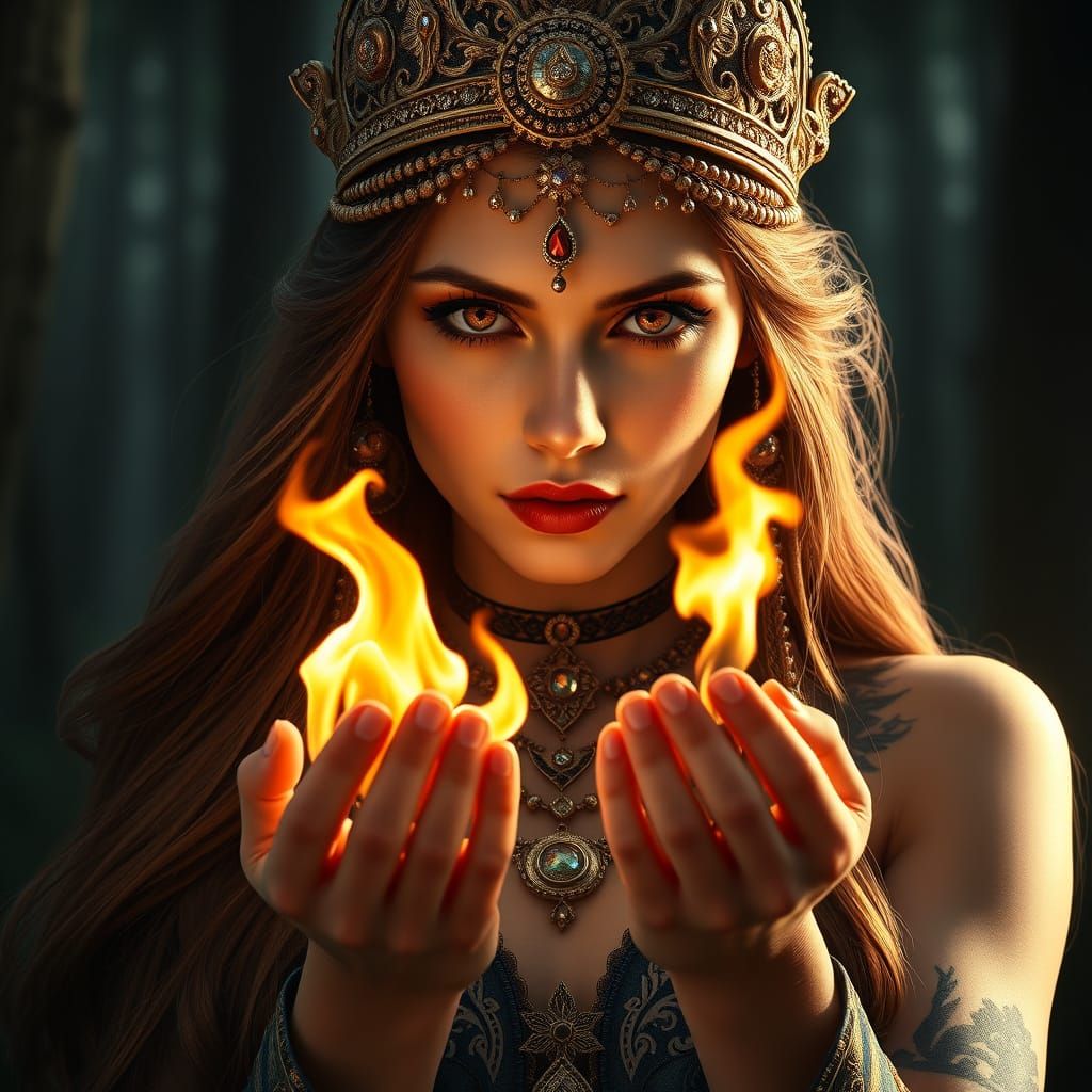 Mystical Woman with Magical Flame in Fantasy Art