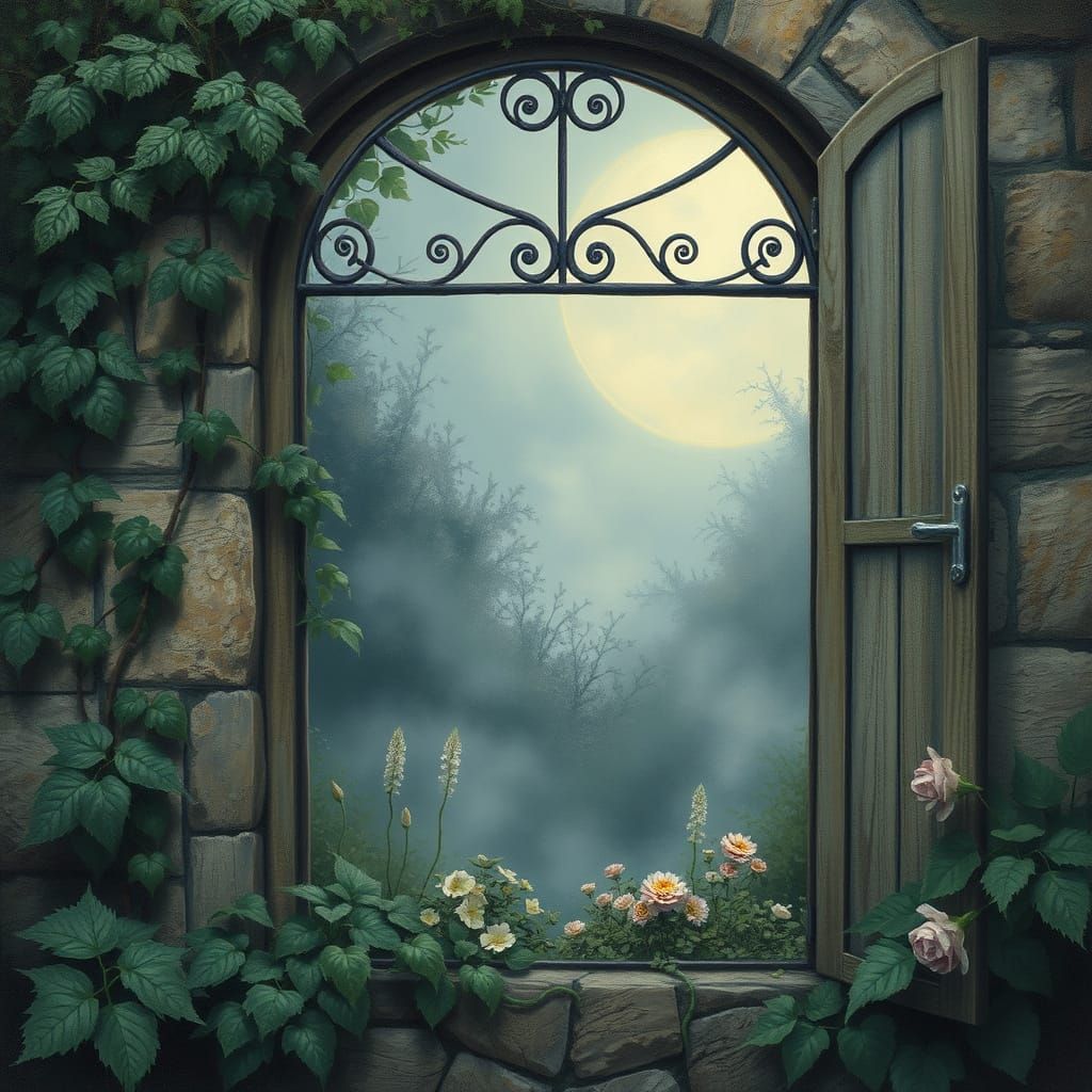 Misty Moonlit Garden Through a Weathered Fly Window