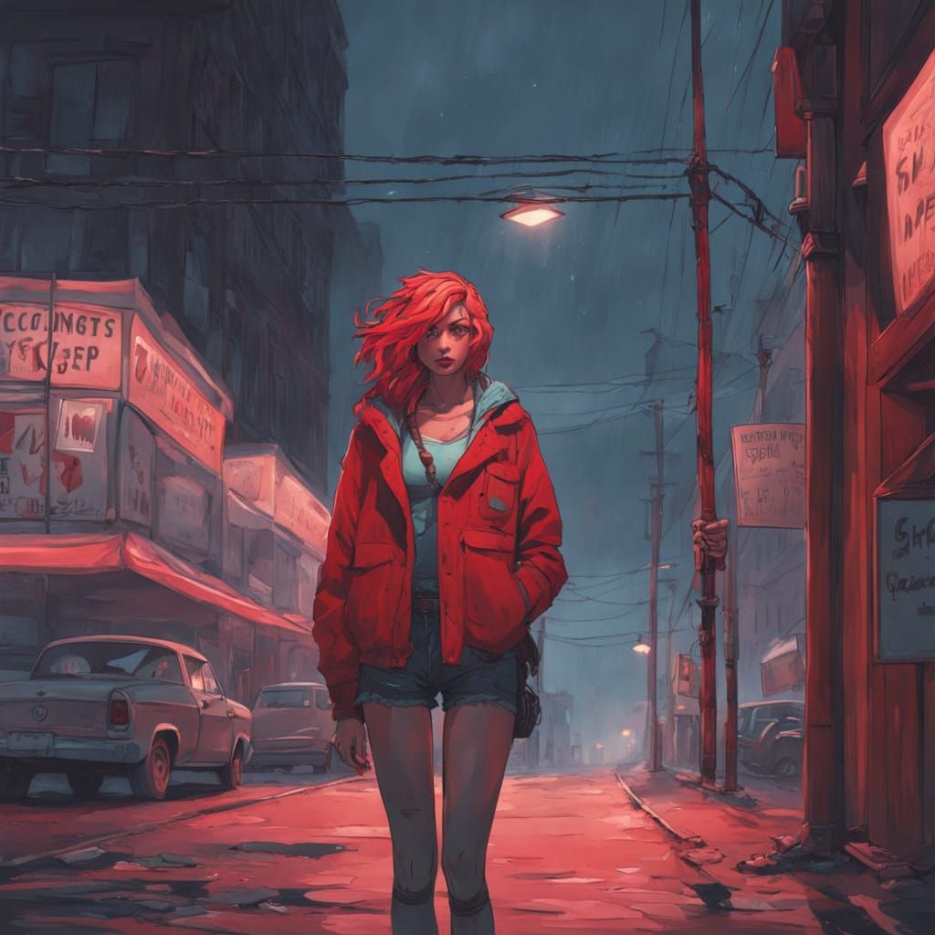 Petite Young Woman Under Street Lamp at Night