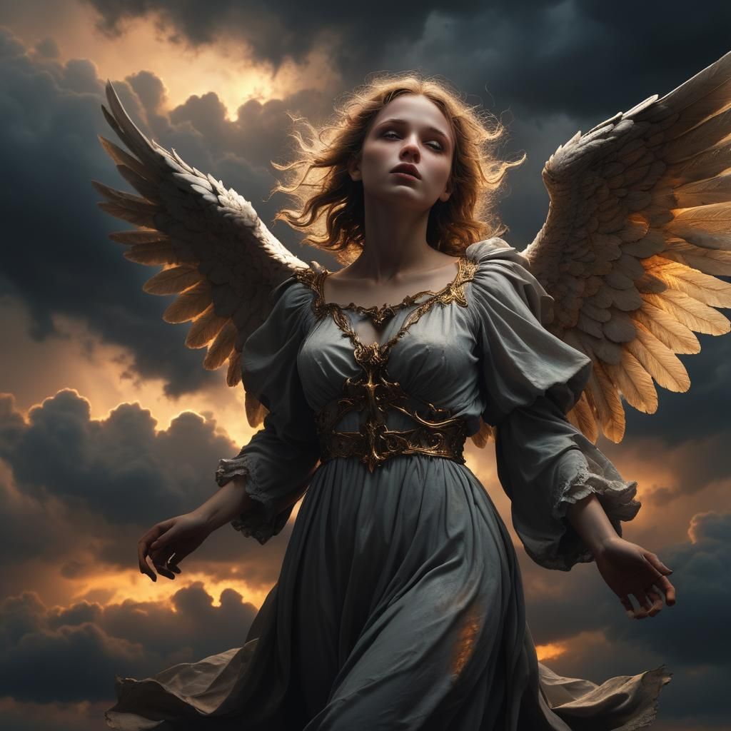 Dark Fantasy Angel in Eerie Evening Sky
