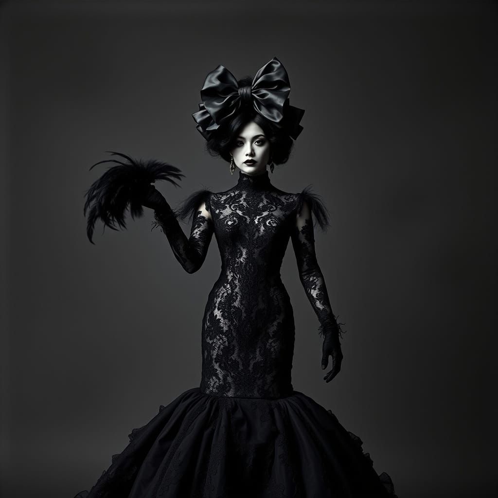 Gothic Haute Couture Gown with Feather Accents
