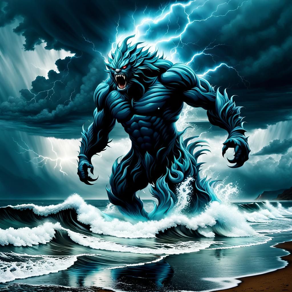Water Elemental Monster on Stormy Shore