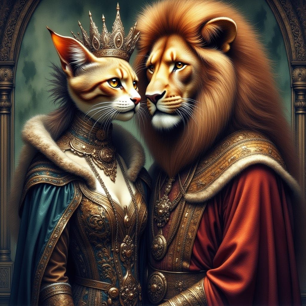 Cat Princess and Lion King in Human Attire Airbrush Art