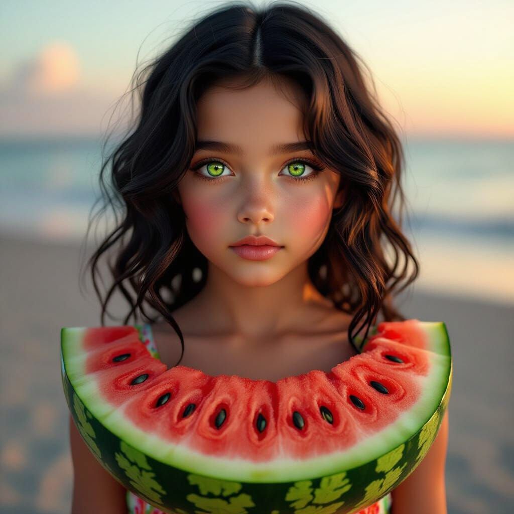 Hyperrealistic Girl in Watermelon Dress by Beach Sunset