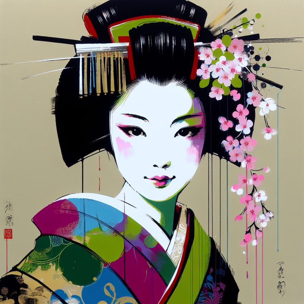 Minimalist Gouache of Geisha in Ukiyo-e Style