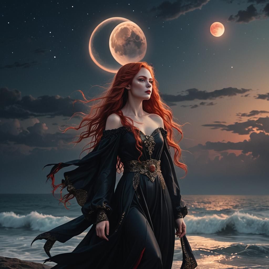 Goddess Watches Moonrise: Fantasy Realism Digital Art