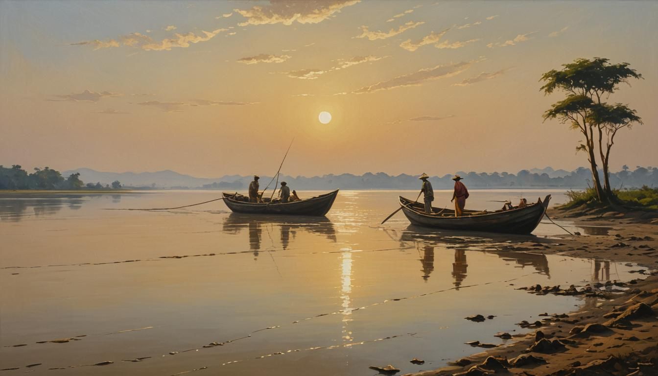Fisherman on Brahmaputra River as Matte Oil Painting