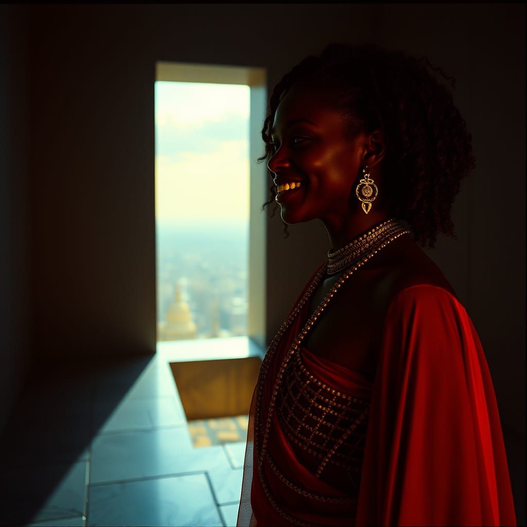 Woman Gazing at Distant City as Epic Film Still