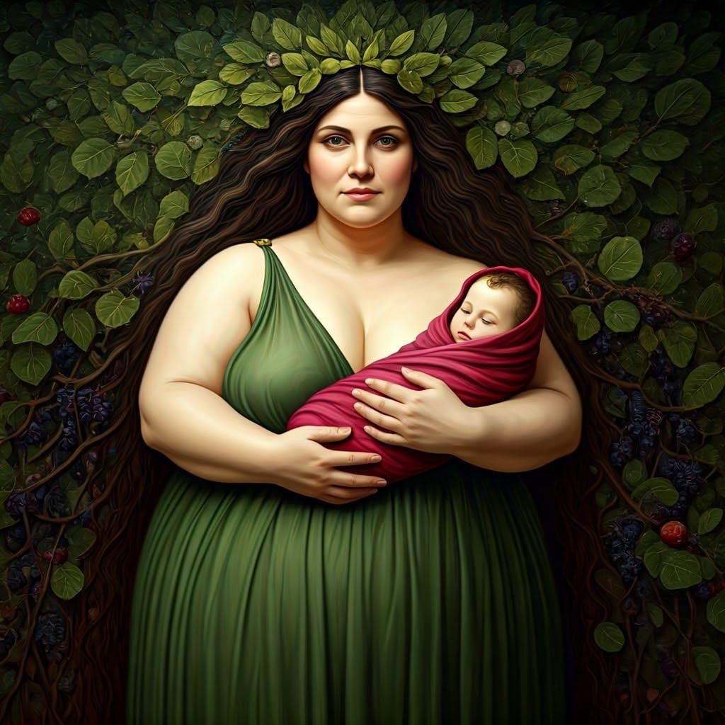 Motherly Goddess of Nature in Earthy Oil Painting