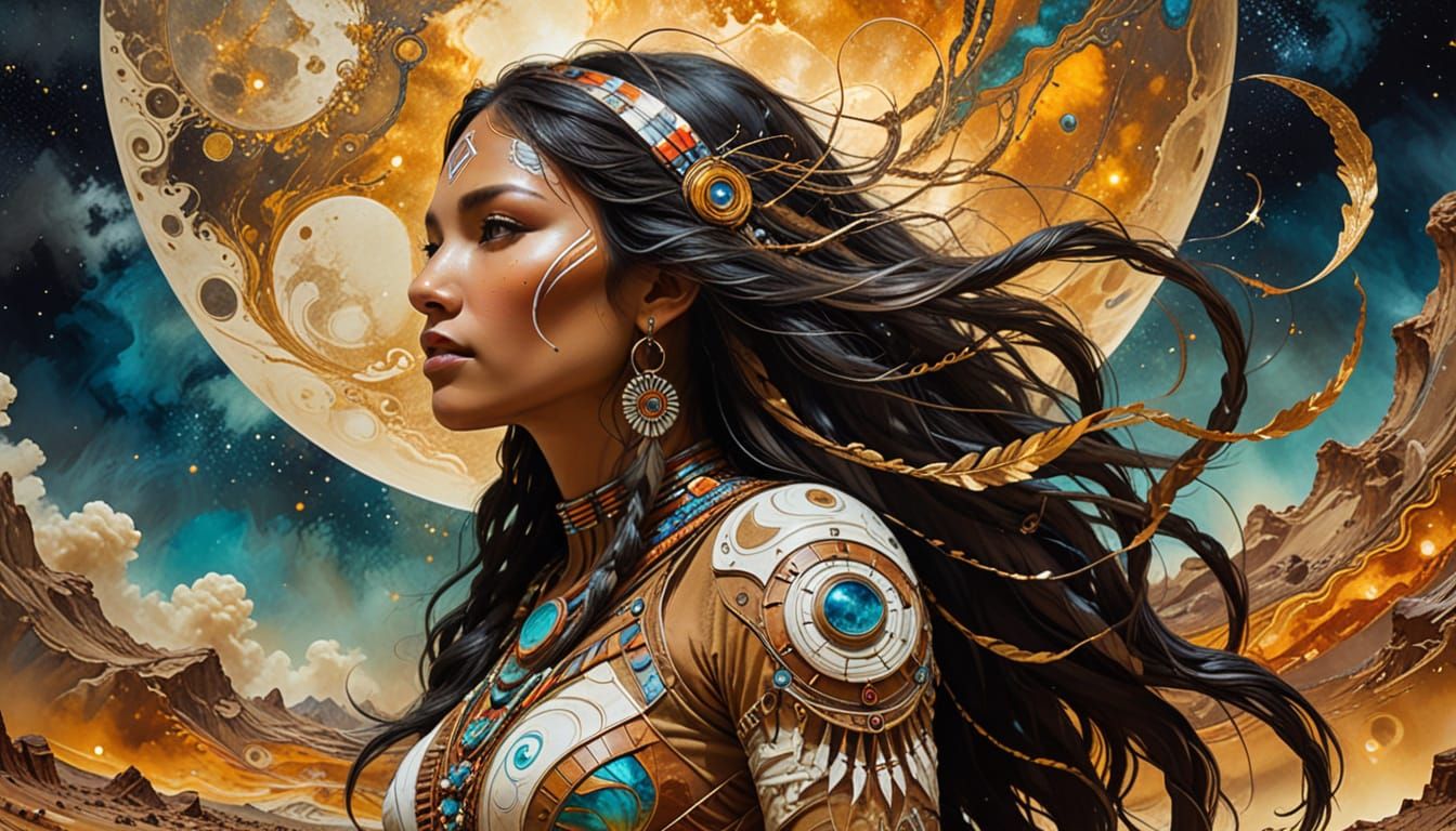 Surreal Native American Woman on Lunar Base