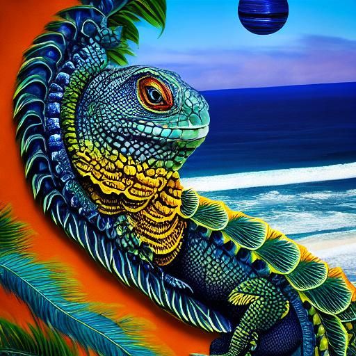 Iguana Overlooking Iridescent Ocean: An Inspired Illustratio...