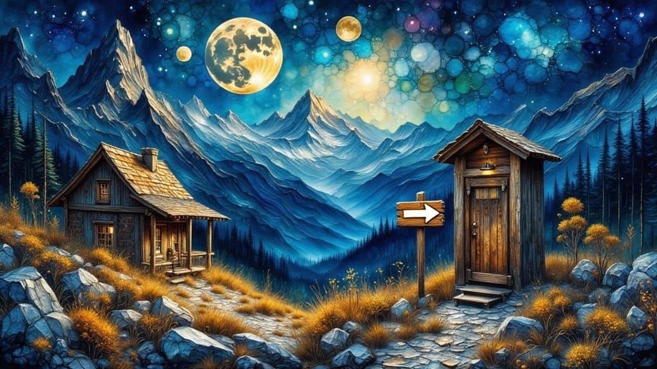 Exquisite Night Landscape Painting With Full Moon and Rustic...