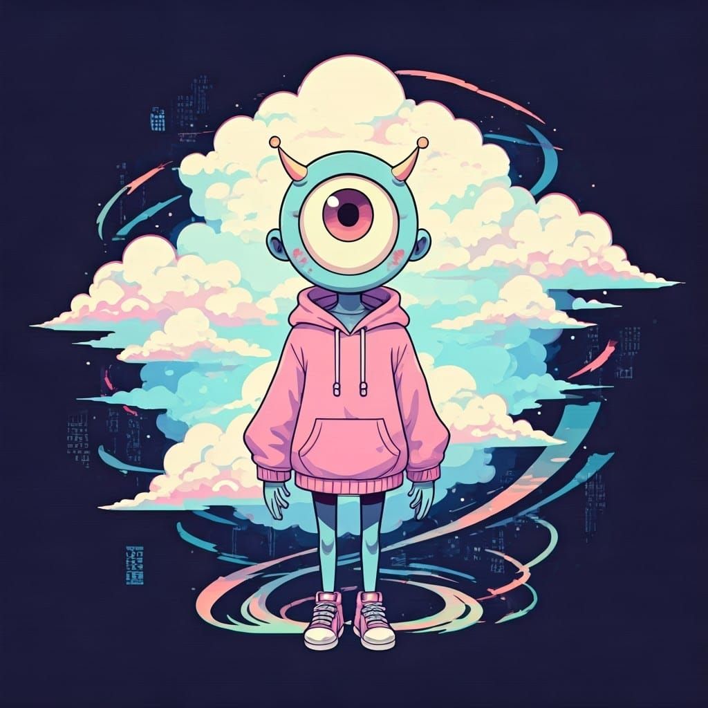 Cyclops Dreamer in Glitchy Futuristic Landscape