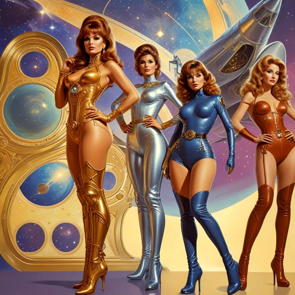 Golden Goddess of the Cosmos in Retro Futuristic Attire
