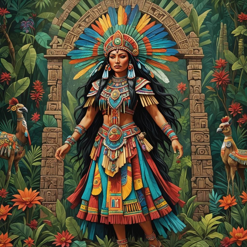Mesoamerican Woman in Anime Style Sci-Fi Landscape