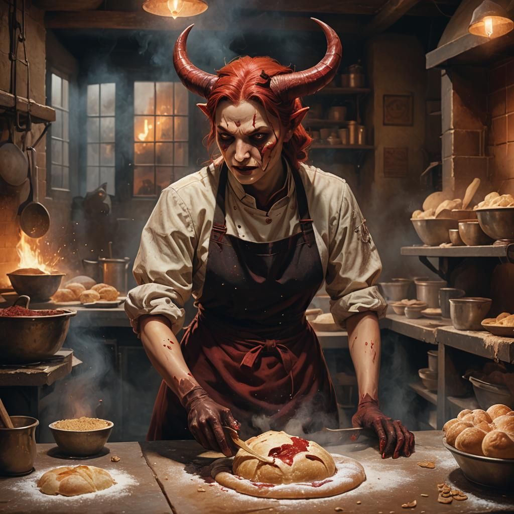 Female Devil Baking in a Dark Fantasy Bakery