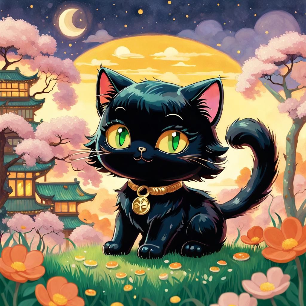 Chibi Black Cat Illustration in Klimt Style