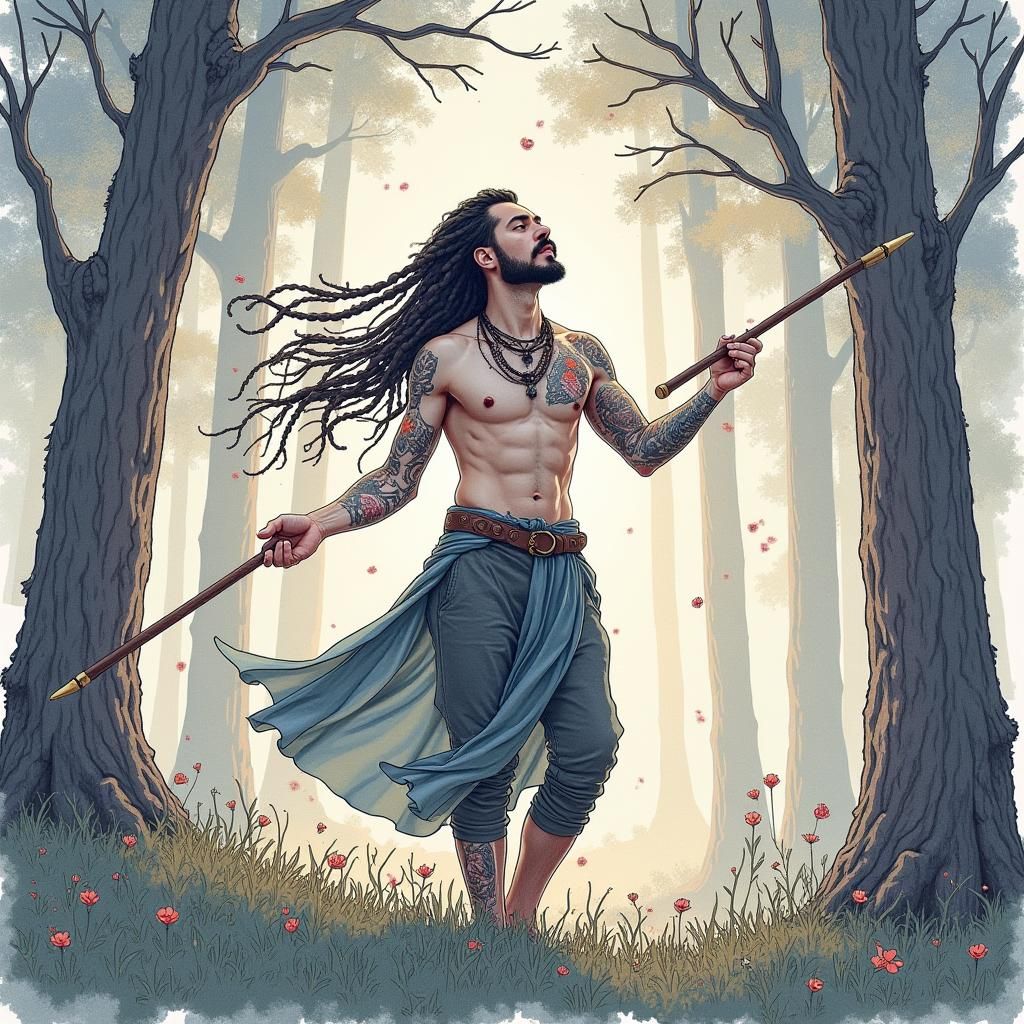 Young Man in Forest: Tarot-Inspired Coloring Book Sketch