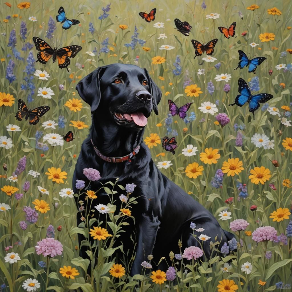Labrador in Field of Flowers: Oil Painting