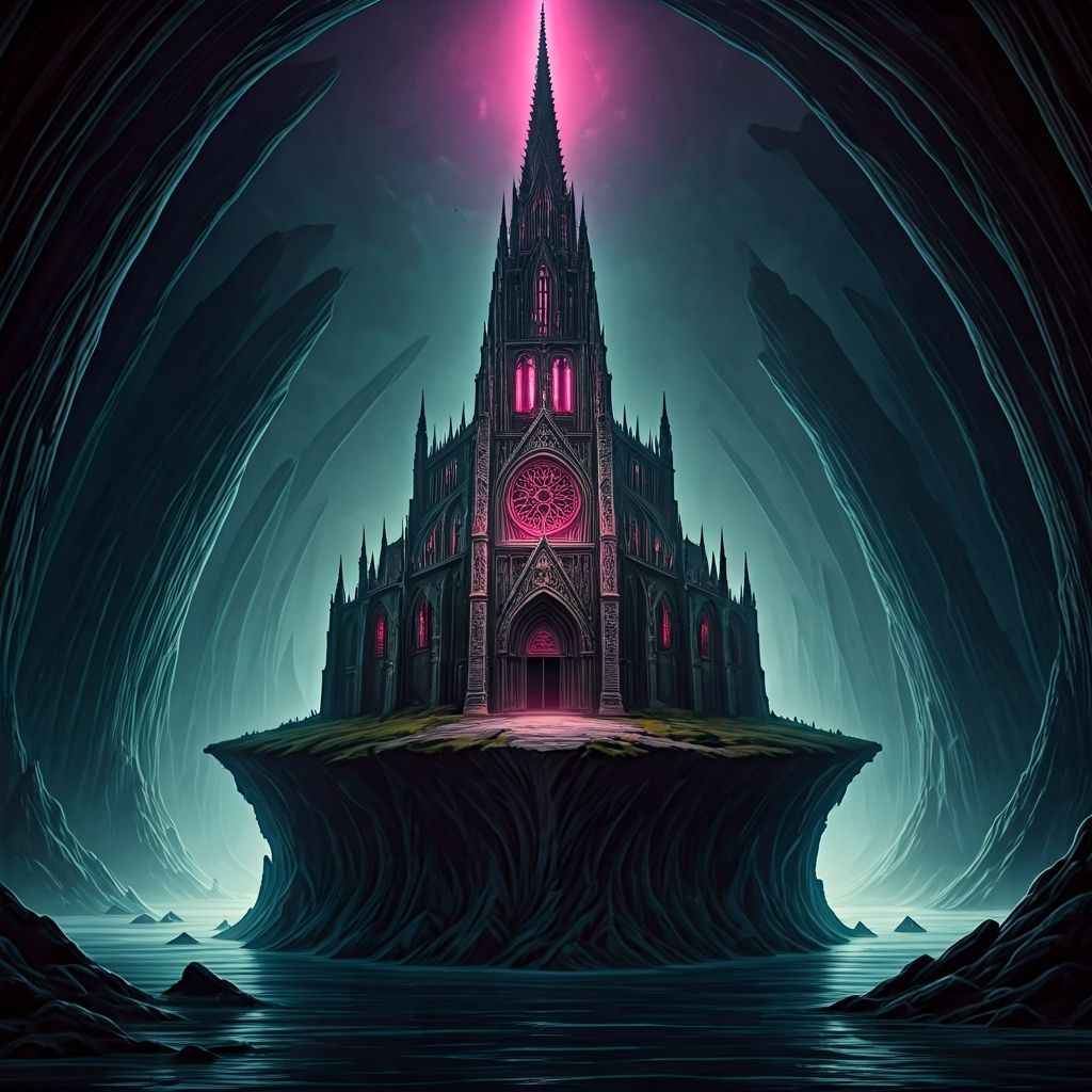 Gothic Cathedral on Rocky Island with Pink Glow