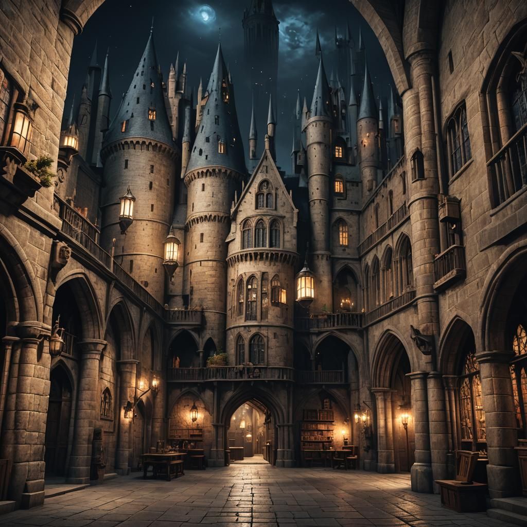 Hyperrealistic Hogwarts Interior at Night