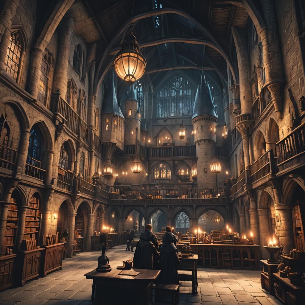 Hogwarts Medieval Lairs at Night in 8k