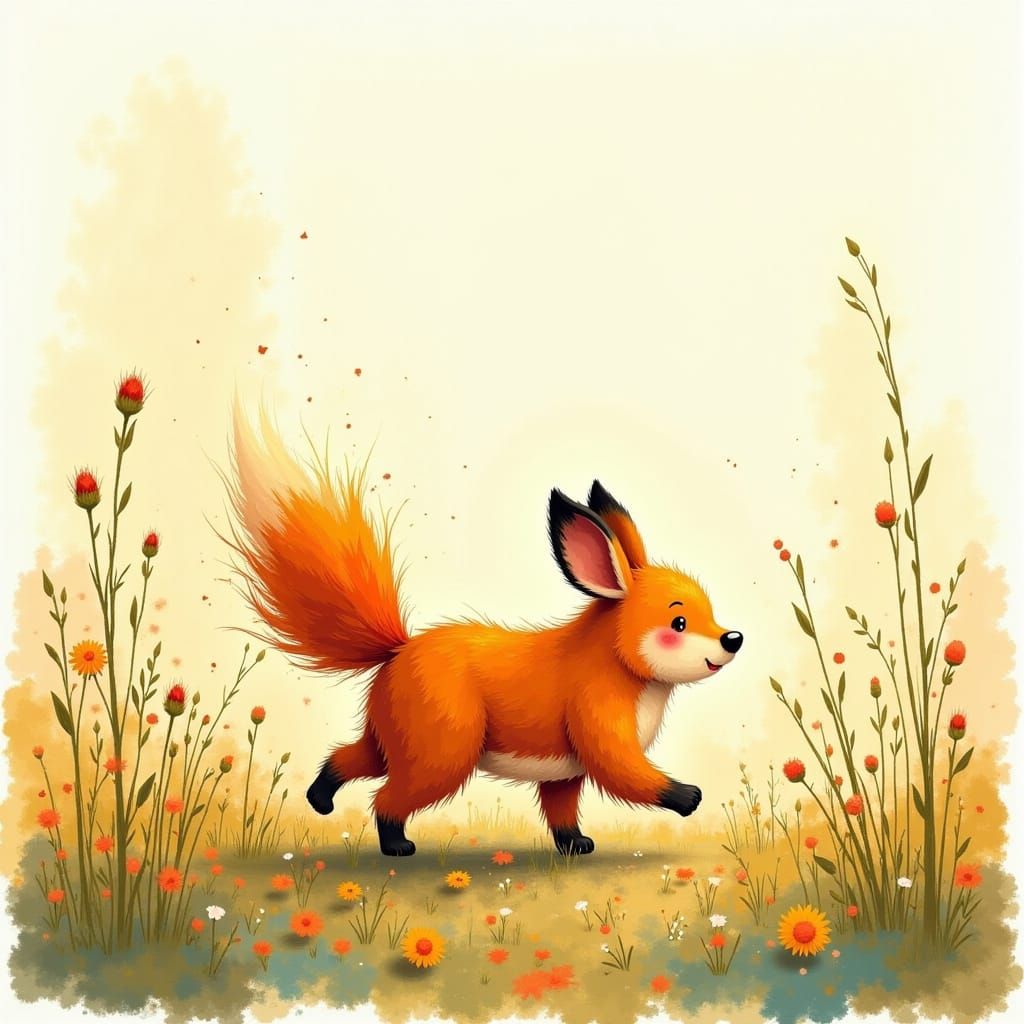 Joyful Young Fox in Sunlit Meadow, Watercolor Style