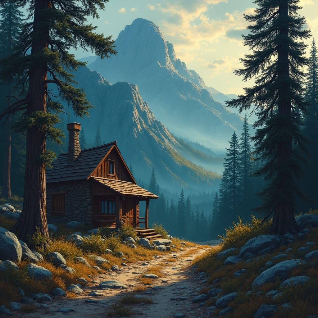 Mountain Shack Adventure in Dramatic Matte Landscape Style