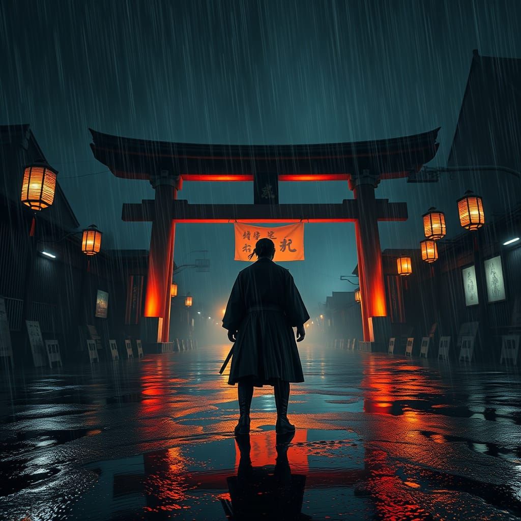 Kunoichi at Torii Gate in Storm, Kurosawa Style