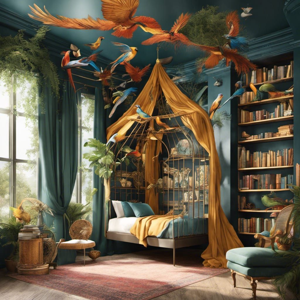 Depict a royal bedroom inspired by exotic birds, featuring vibrant feathers, golden cages, and lush foliage. Design an a...